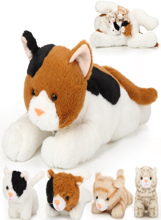 سكايليتي مجموعة سكايليتي المكونة من 5 قطع من الحيوانات المحشوة على شكل قطة مع صغارها في الداخل، قطة حامل مع 4 قطط صغيرة محشوة لطيفة ورقيقة، هدايا مفاجئة لأعياد الميلاد والكريسماس (برتقالي، أسود، أبيض) - Image 1